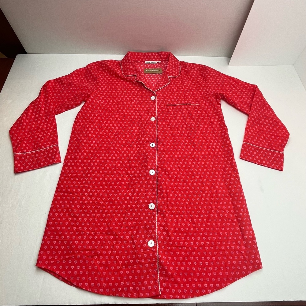 Roller Rabbit Red Pink Heart Button Front Nightgown Sleep Tunic Shirt Medium NEW - Picture 1 of 11